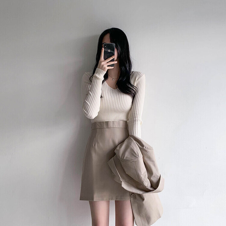 VネックリブニットTシャツ 6colors IVORY