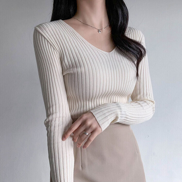 VネックリブニットTシャツ 6colors IVORY