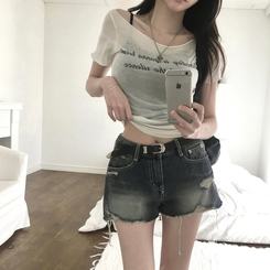 半袖Tシャツ レタリングシースルーオフショルダーTシャツ IVORY
