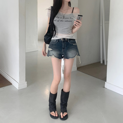 半袖Tシャツ レタリングシースルーオフショルダーTシャツ IVORY