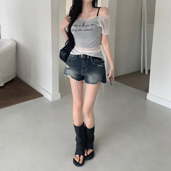 半袖Tシャツ レタリングシースルーオフショルダーTシャツ IVORY