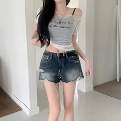 半袖Tシャツ レタリングシースルーオフショルダーTシャツ IVORY