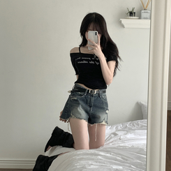 半袖Tシャツ レタリングシースルーオフショルダーTシャツ BLACK