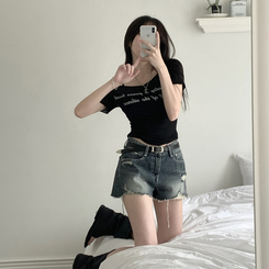 半袖Tシャツ レタリングシースルーオフショルダーTシャツ BLACK