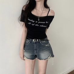 半袖Tシャツ レタリングシースルーオフショルダーTシャツ BLACK