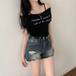 半袖Tシャツ レタリングシースルーオフショルダーTシャツ BLACK