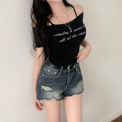 半袖Tシャツ レタリングシースルーオフショルダーTシャツ BLACK