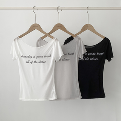 半袖Tシャツ レタリングシースルーオフショルダーTシャツ