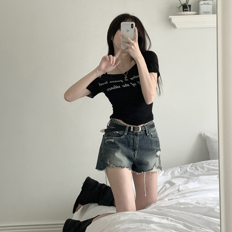 レタリングシースルーオフショルダーTシャツ BLACK