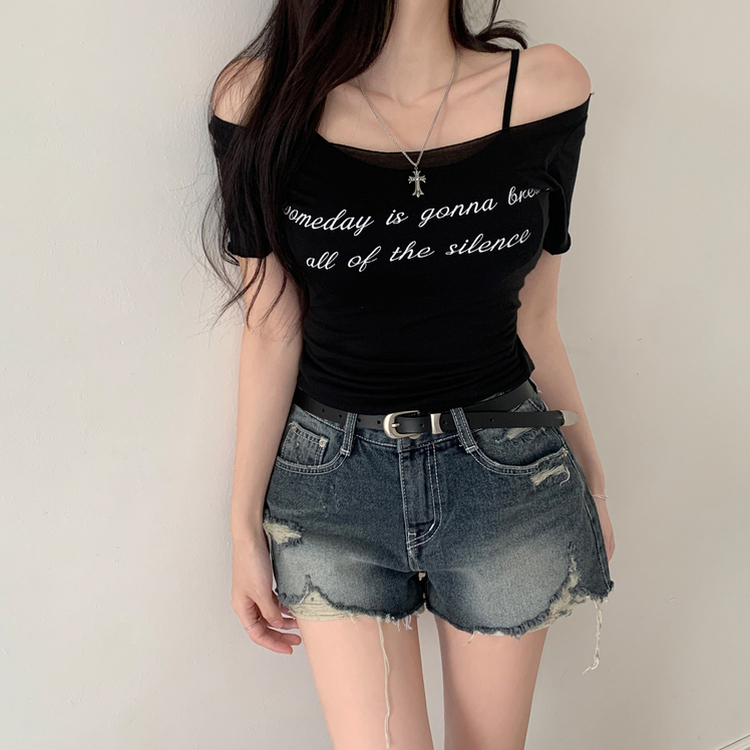 レタリングシースルーオフショルダーTシャツ BLACK