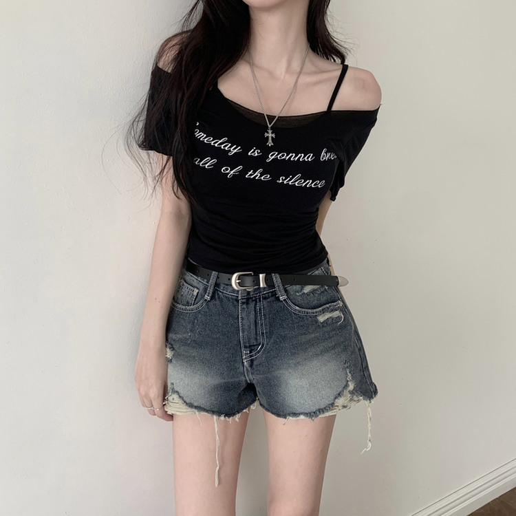 レタリングシースルーオフショルダーTシャツ BLACK
