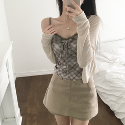 カーディガン 【SET】レースリボンチェックカーディガン キャミソール BEIGE