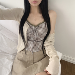 カーディガン 【SET】レースリボンチェックカーディガン キャミソール BEIGE