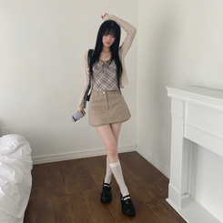 カーディガン 【SET】レースリボンチェックカーディガン キャミソール BEIGE