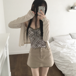 カーディガン 【SET】レースリボンチェックカーディガン キャミソール BEIGE