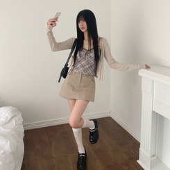 カーディガン 【SET】レースリボンチェックカーディガン キャミソール BEIGE