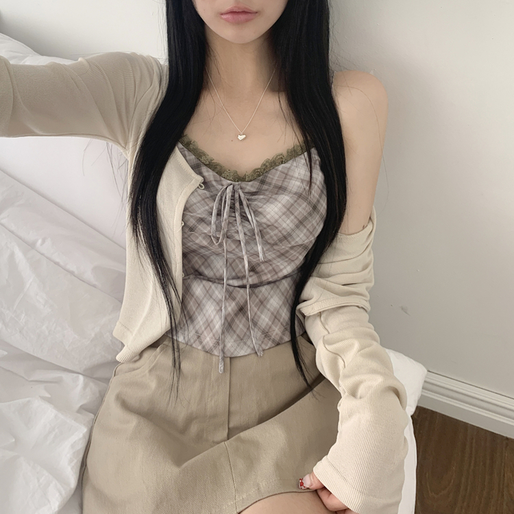 【SET】レースリボンチェックカーディガン キャミソール BEIGE