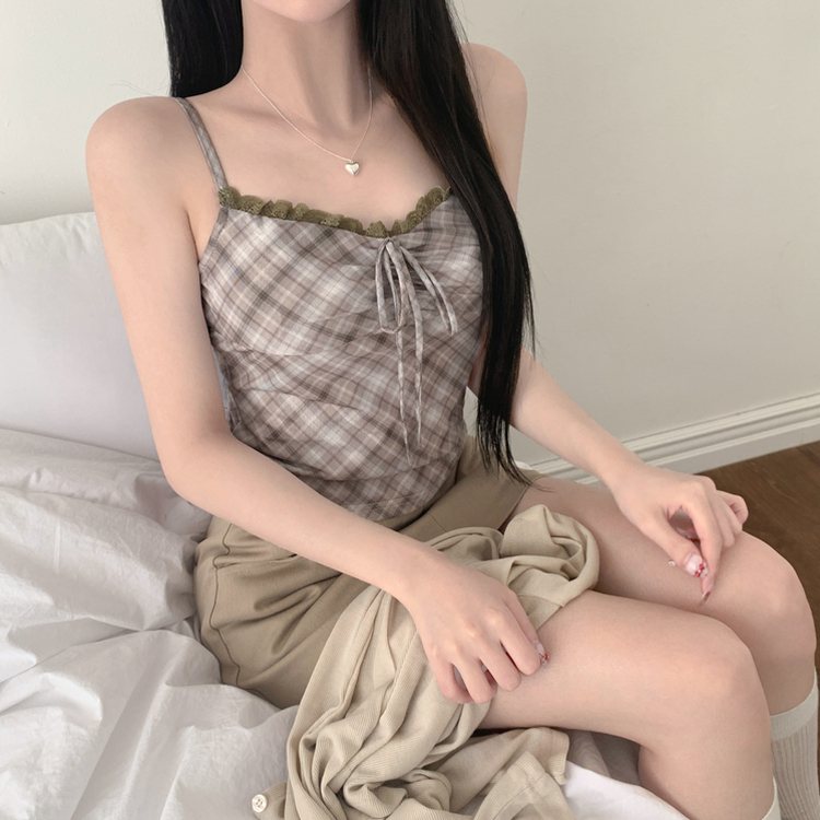 【SET】レースリボンチェックカーディガン キャミソール BEIGE