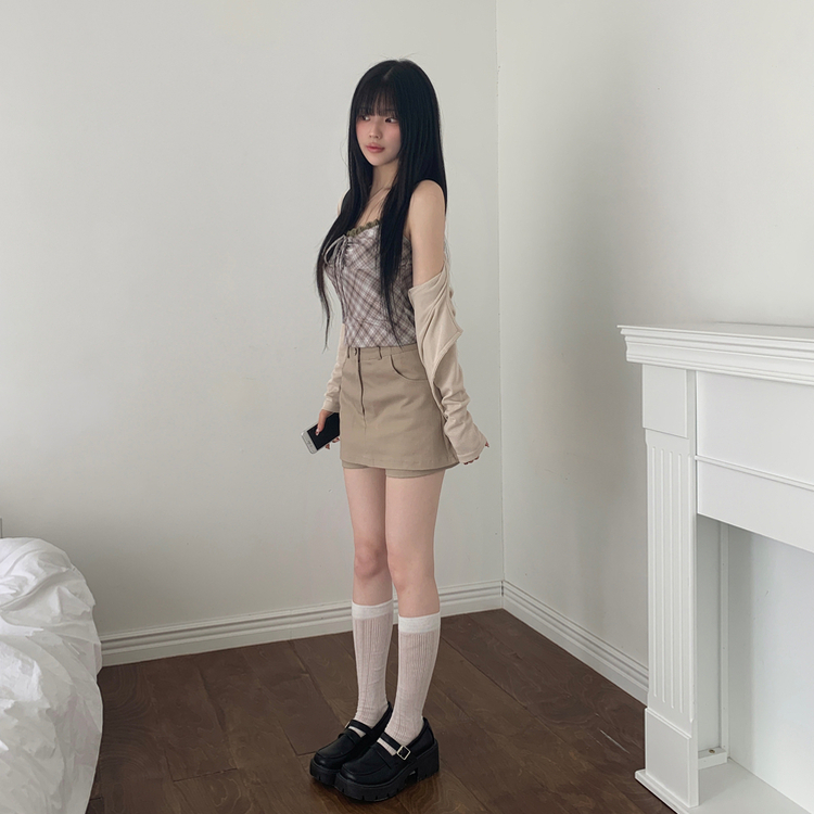 【SET】レースリボンチェックカーディガン キャミソール BEIGE