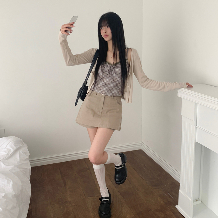 【SET】レースリボンチェックカーディガン キャミソール BEIGE