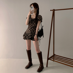 チェックリボンアンバランス半袖ブラウス BROWN