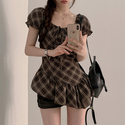 チェックリボンアンバランス半袖ブラウス BROWN