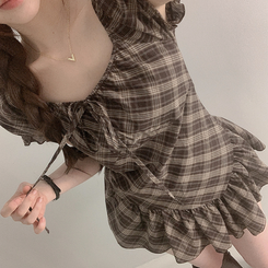 チェックリボンアンバランス半袖ブラウス BROWN