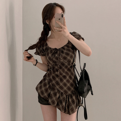 チェックリボンアンバランス半袖ブラウス BROWN