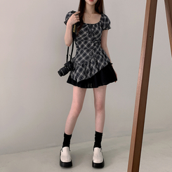 チェックリボンアンバランス半袖ブラウス BLACK