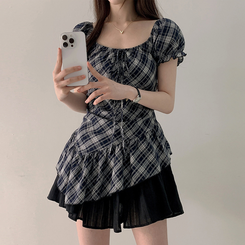 チェックリボンアンバランス半袖ブラウス BLACK