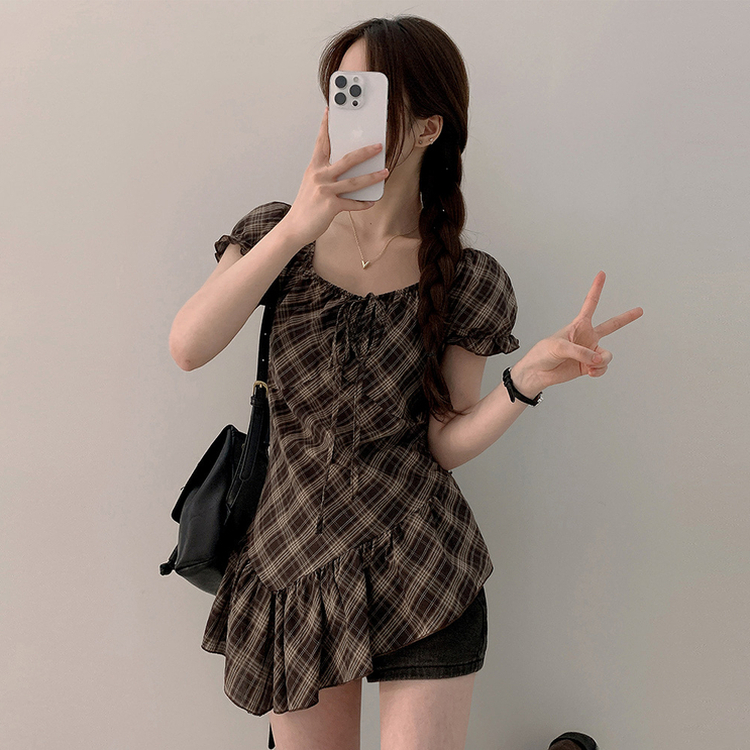 チェックリボンアンバランス半袖ブラウス BROWN
