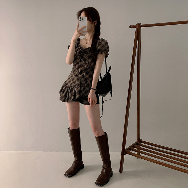 チェックリボンアンバランス半袖ブラウス BROWN