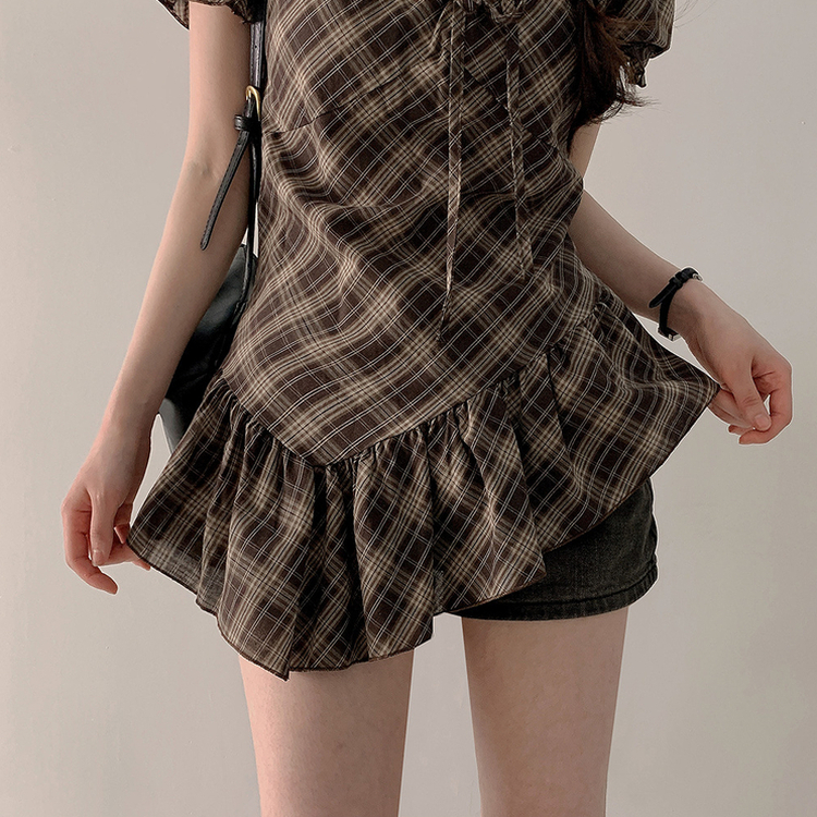 チェックリボンアンバランス半袖ブラウス BROWN