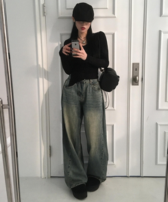 【丈別】ウォッシングサイドピンタックワイドパンツ WASHING BLUE