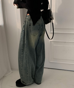 【丈別】ウォッシングサイドピンタックワイドパンツ WASHING BLUE