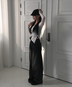 【丈別】ウォッシングサイドピンタックワイドパンツ BLACK DENIM