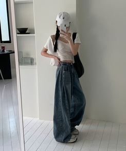 【丈別】ウォッシングサイドピンタックワイドパンツ DEEP DENIM