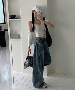 【丈別】ウォッシングサイドピンタックワイドパンツ DEEP DENIM