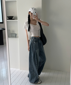 【丈別】ウォッシングサイドピンタックワイドパンツ DEEP DENIM