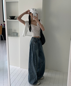 【丈別】ウォッシングサイドピンタックワイドパンツ DEEP DENIM