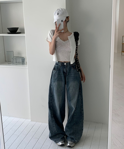 【丈別】ウォッシングサイドピンタックワイドパンツ DEEP DENIM