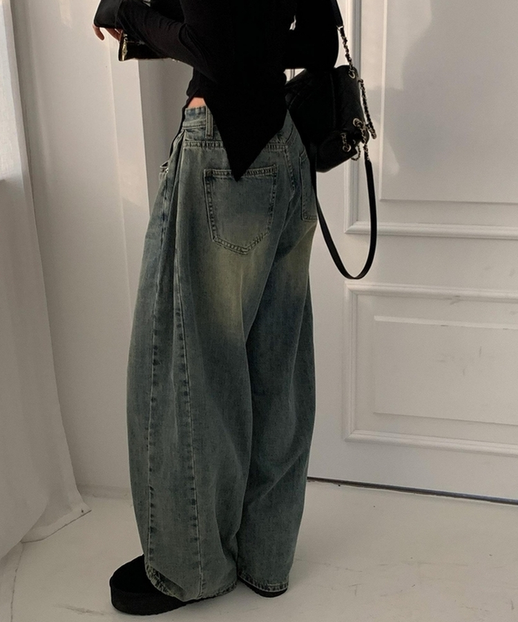 【丈別】ウォッシングサイドピンタックワイドパンツ WASHING BLUE