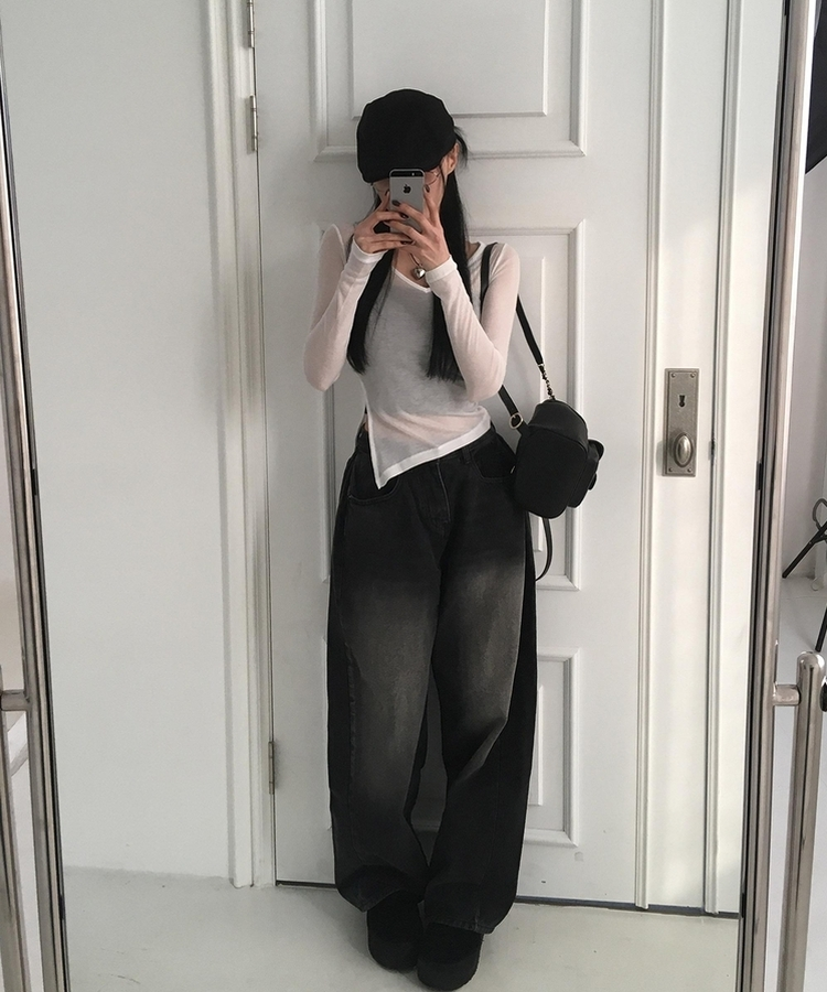 【丈別】ウォッシングサイドピンタックワイドパンツ BLACK DENIM