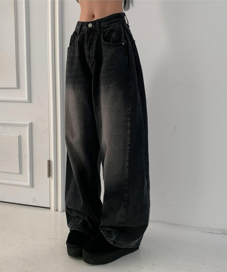【丈別】ウォッシングサイドピンタックワイドパンツ BLACK DENIM