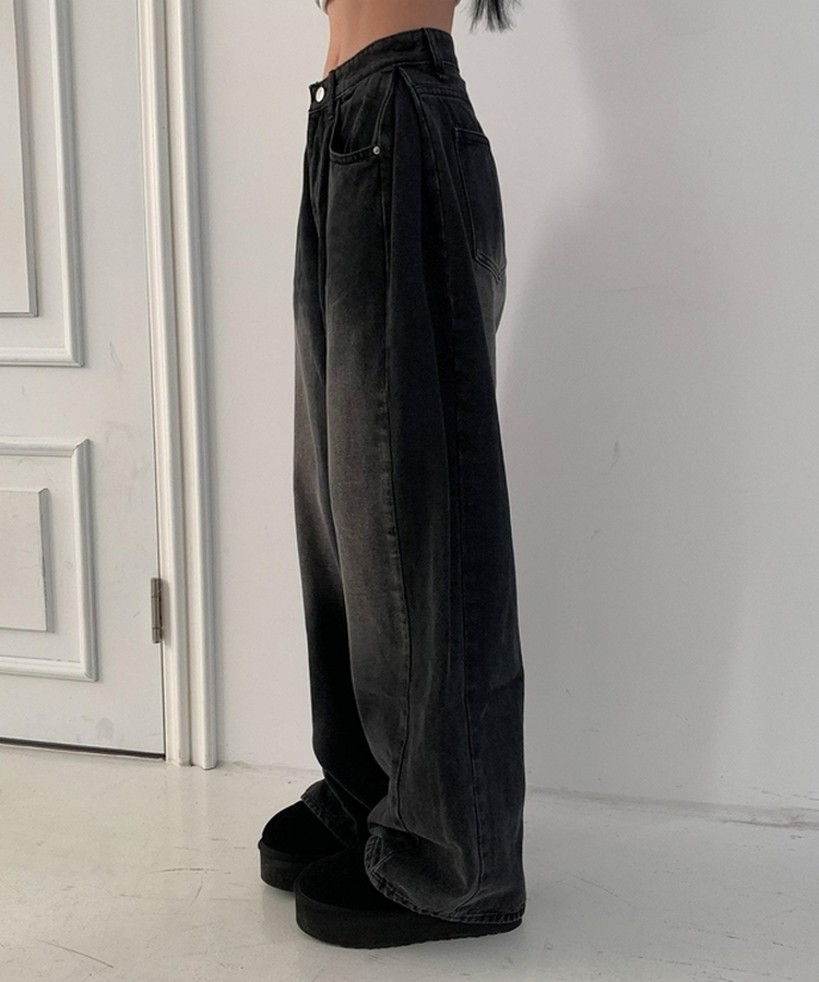 【丈別】ウォッシングサイドピンタックワイドパンツ BLACK DENIM