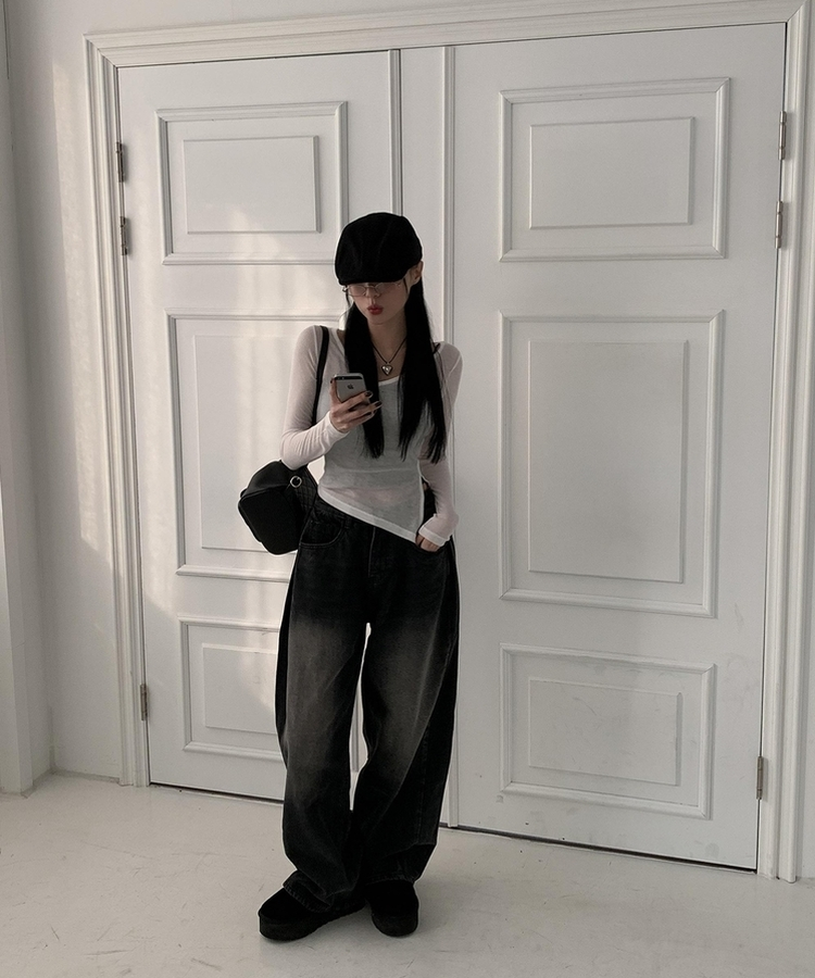 【丈別】ウォッシングサイドピンタックワイドパンツ BLACK DENIM