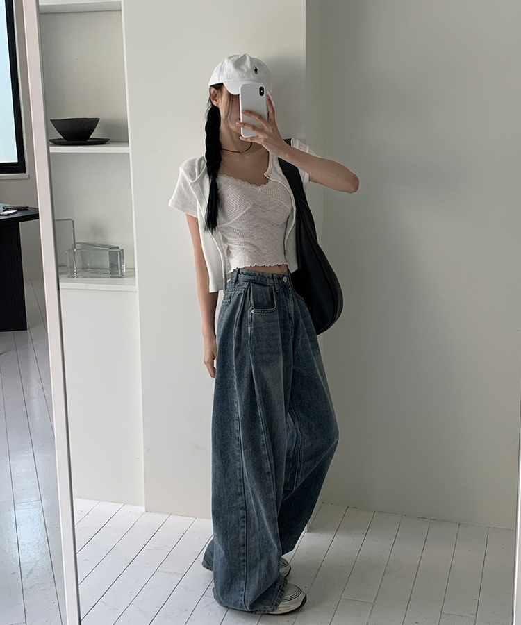 【丈別】ウォッシングサイドピンタックワイドパンツ DEEP DENIM