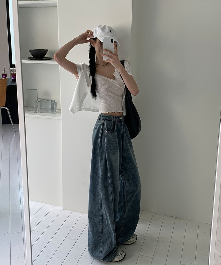 【丈別】ウォッシングサイドピンタックワイドパンツ DEEP DENIM