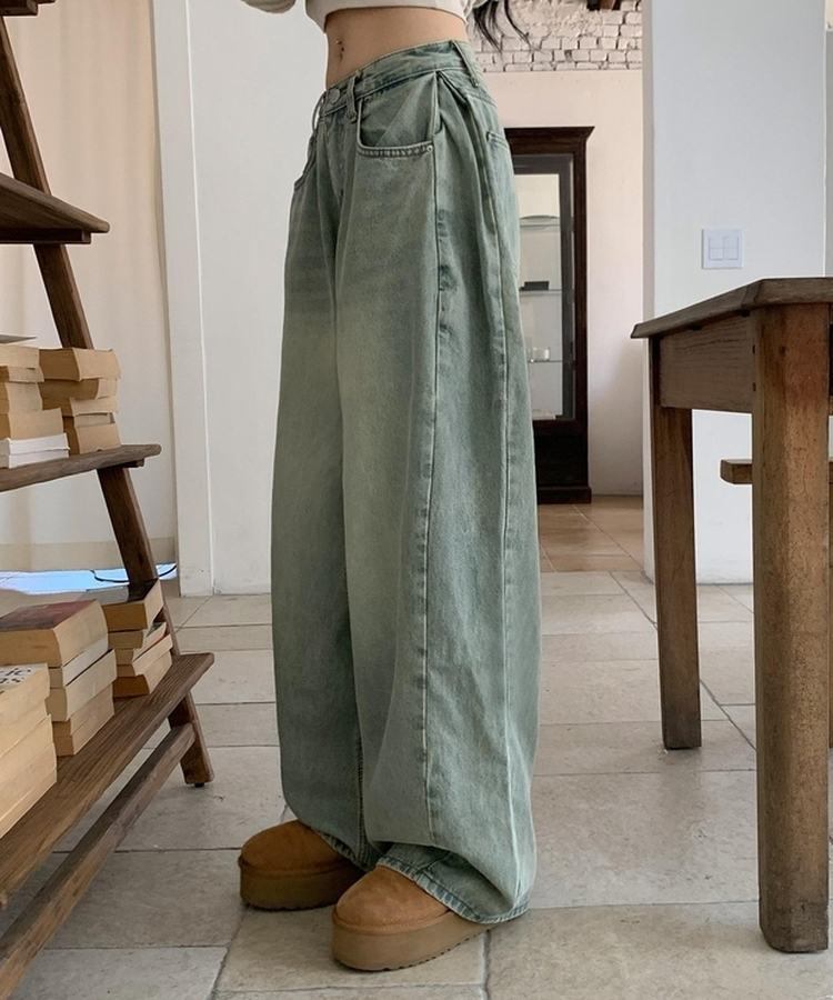 【丈別】ウォッシングサイドピンタックワイドパンツ VINTAGE LIGHT BLUE