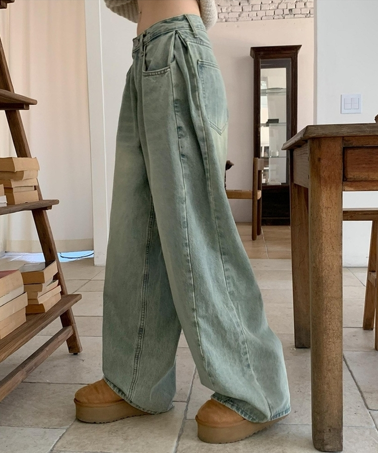 【丈別】ウォッシングサイドピンタックワイドパンツ VINTAGE LIGHT BLUE